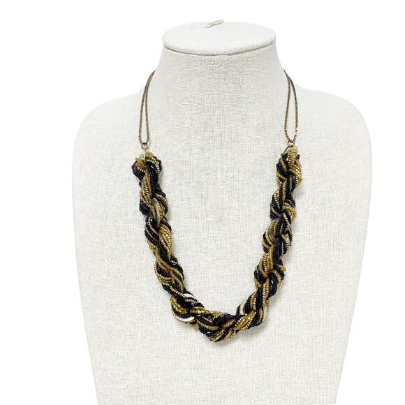 Vintage Twisted Beaded Rope Gold Black Chunky Statement Necklace - Picture 1 of 6